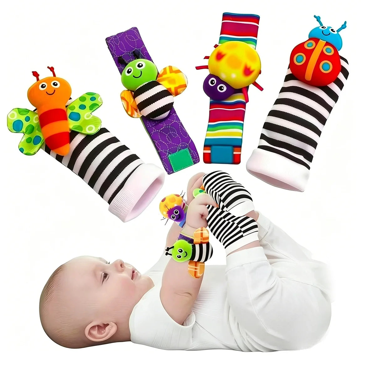 Kit 4 Chocalhos de Pulso e Pé Plumi — Bichinhos (0-24 meses)